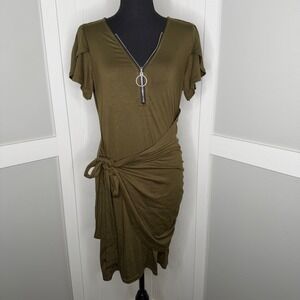 Yesfashion Wrap Dress Womens Medium Green Zip Front Short Sleeve Tie Waist